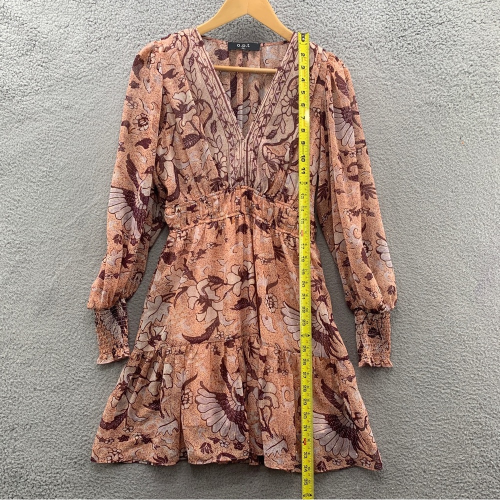 O.P.T Women Floral Preppy Boho Long Smocked Sleeve V-neck Sheer Mini Dress XS
